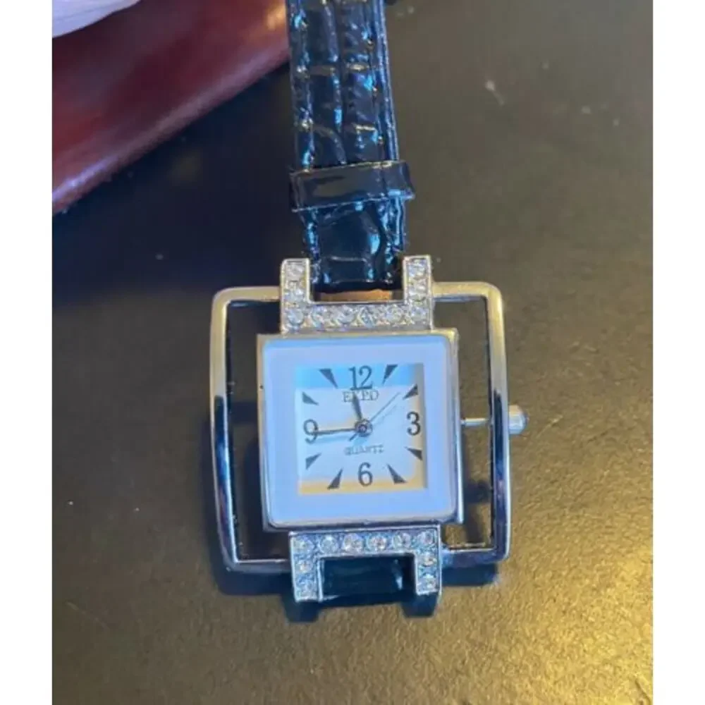 Women's Expo Quartz Watch with Black Band Crystal Accents